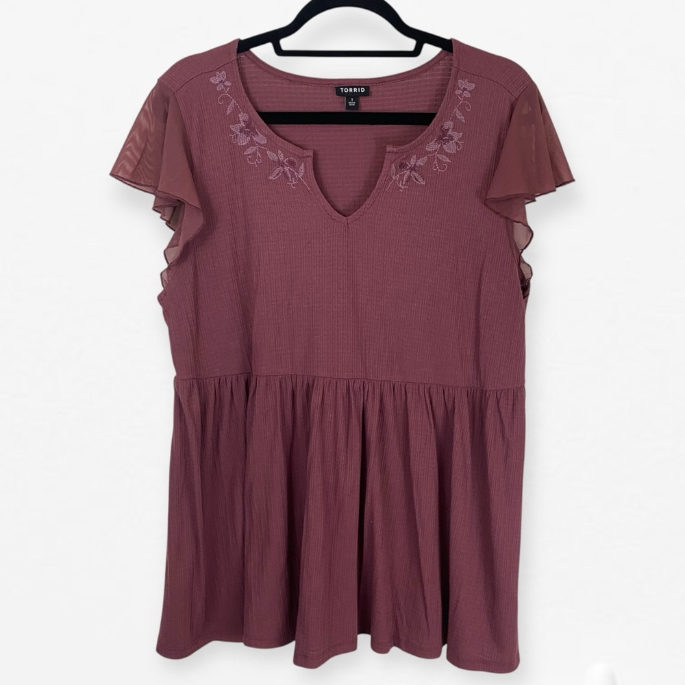 Torrid Dusty Rose Embroidered v-neck peplum empire waist Blouse Top 1 plus size - Picture 5 of 8